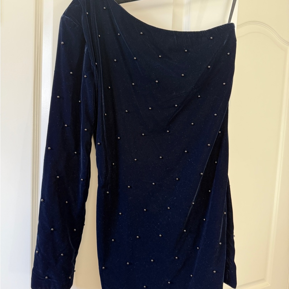 Elegant One-Shoulder Navy Dress with Beaded Detail